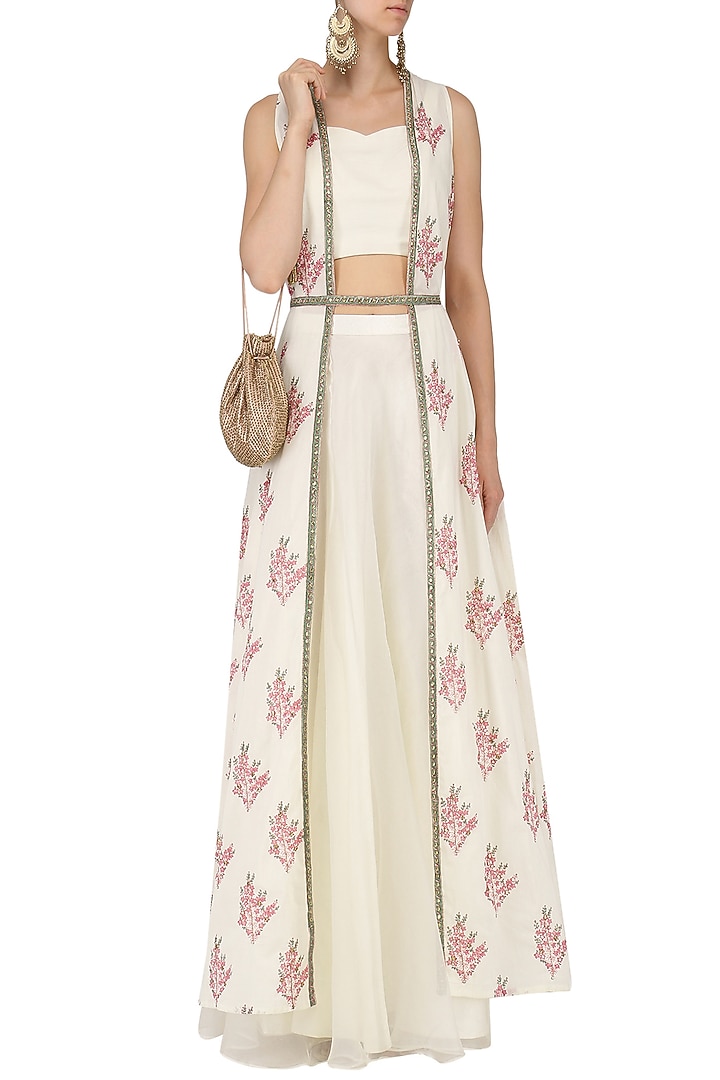 Ivory lehenga with bustier and jaipuri print jacket set available only at Pernia's Pop Up Shop.