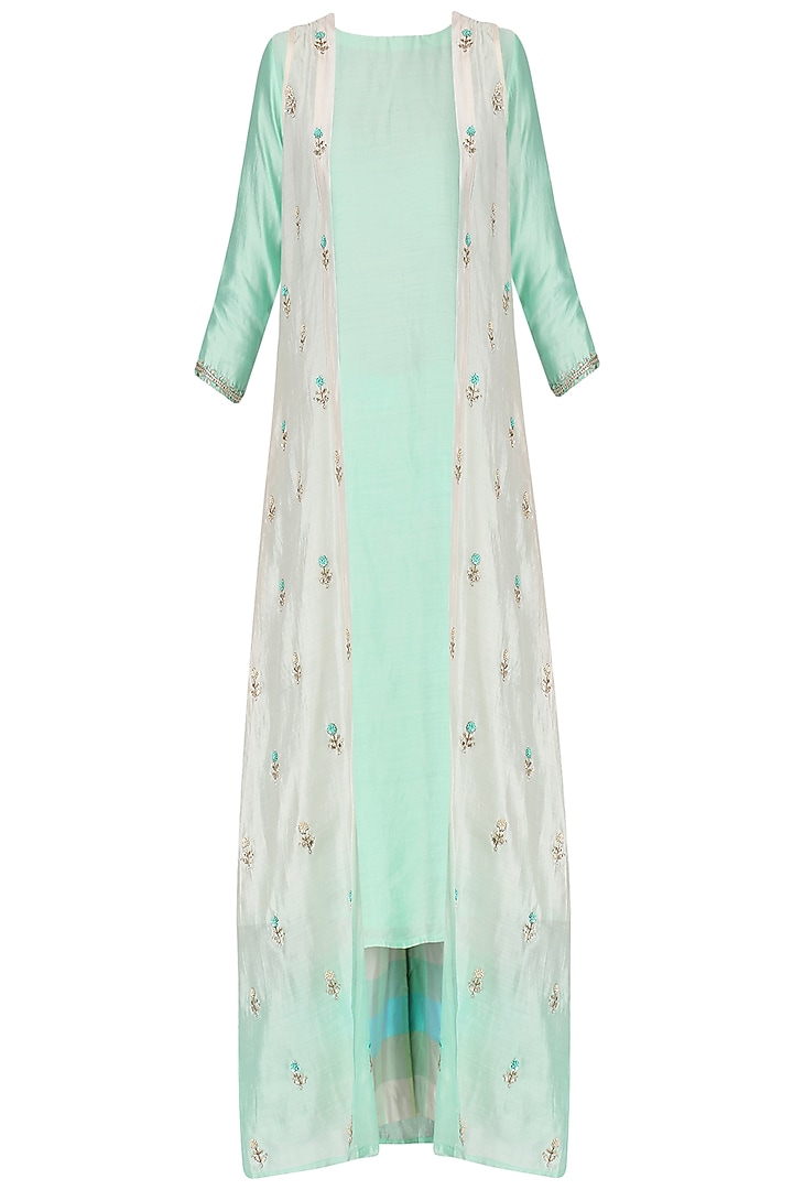 Sky blue kurta with palazzos and embroidered jacket set available only at Pernia's Pop Up Shop.