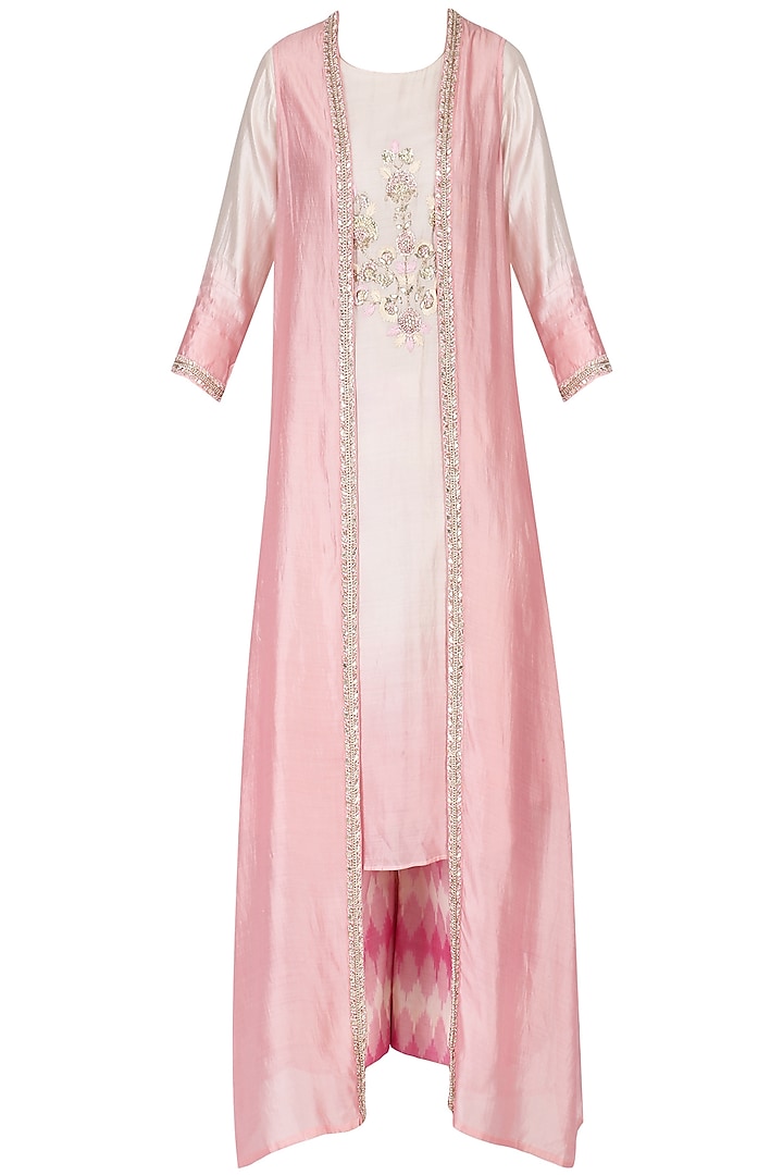 White and Pink Ombre Kurta with Palazzos and Embroidered Jacket Set by Priyanka Jain