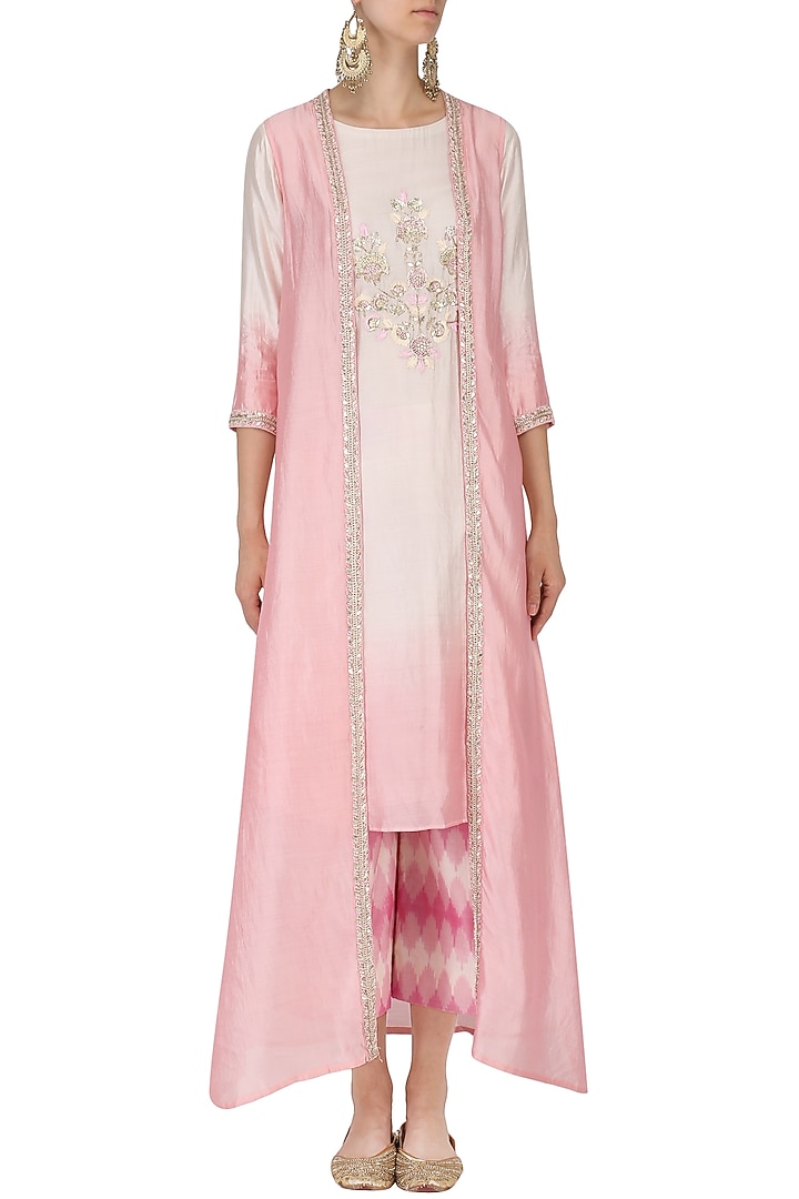 White and pink ombre kurta with palazzos and embroidered jacket set available only at Pernia's Pop Up Shop.