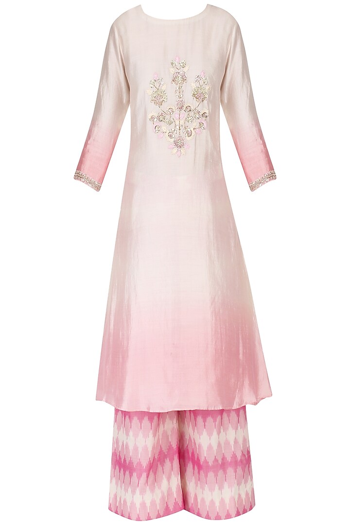 White and pink ombre kurta with palazzos and embroidered jacket set available only at Pernia's Pop Up Shop.
