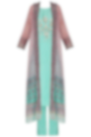 Blue embroidered kurta with straight pants and jaipuri print jacket set available only at Pernia's Pop Up Shop.