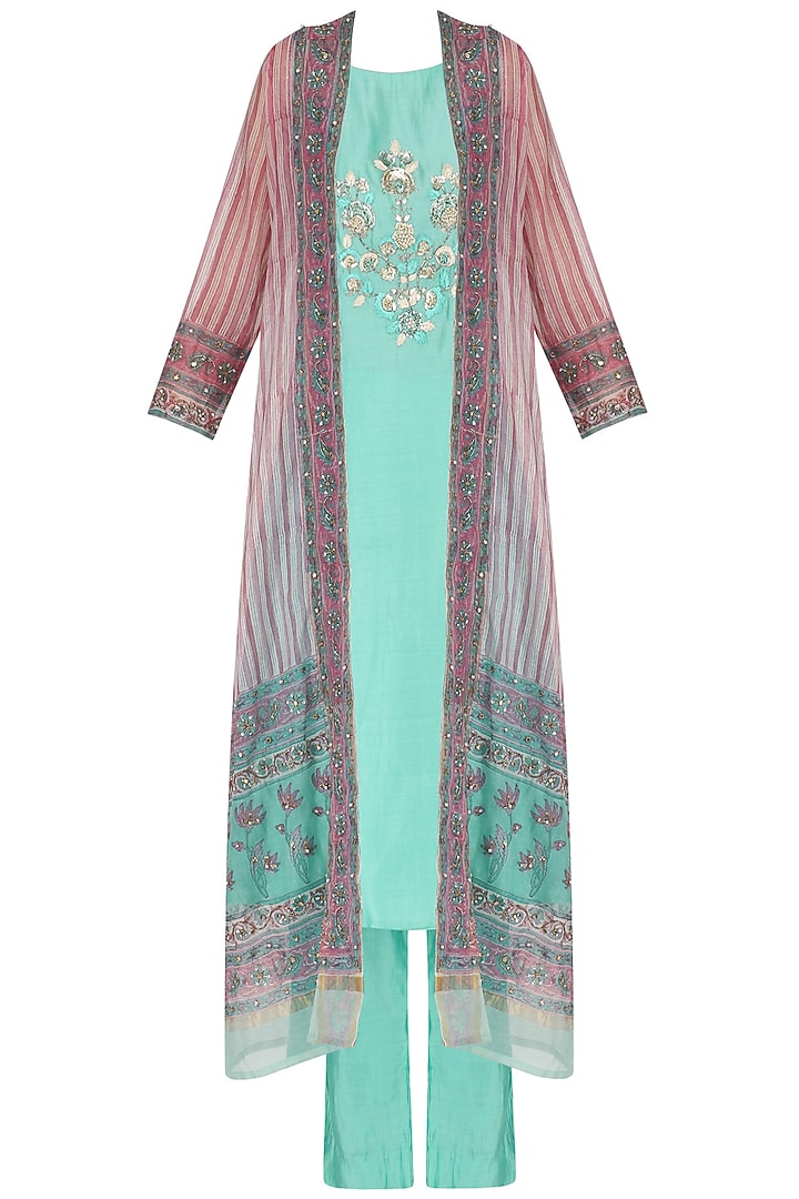 Blue embroidered kurta with straight pants and jaipuri print jacket set available only at Pernia's Pop Up Shop.