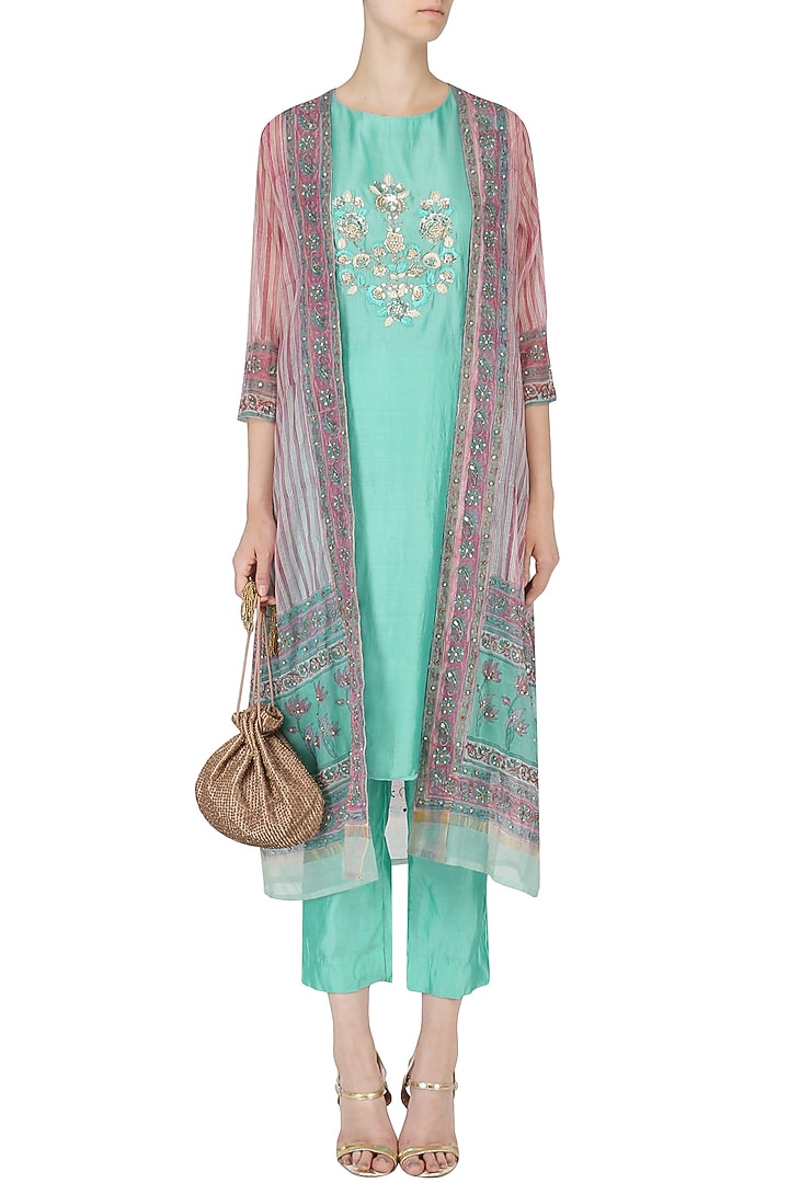 Blue embroidered kurta with straight pants and jaipuri print jacket set available only at Pernia's Pop Up Shop.