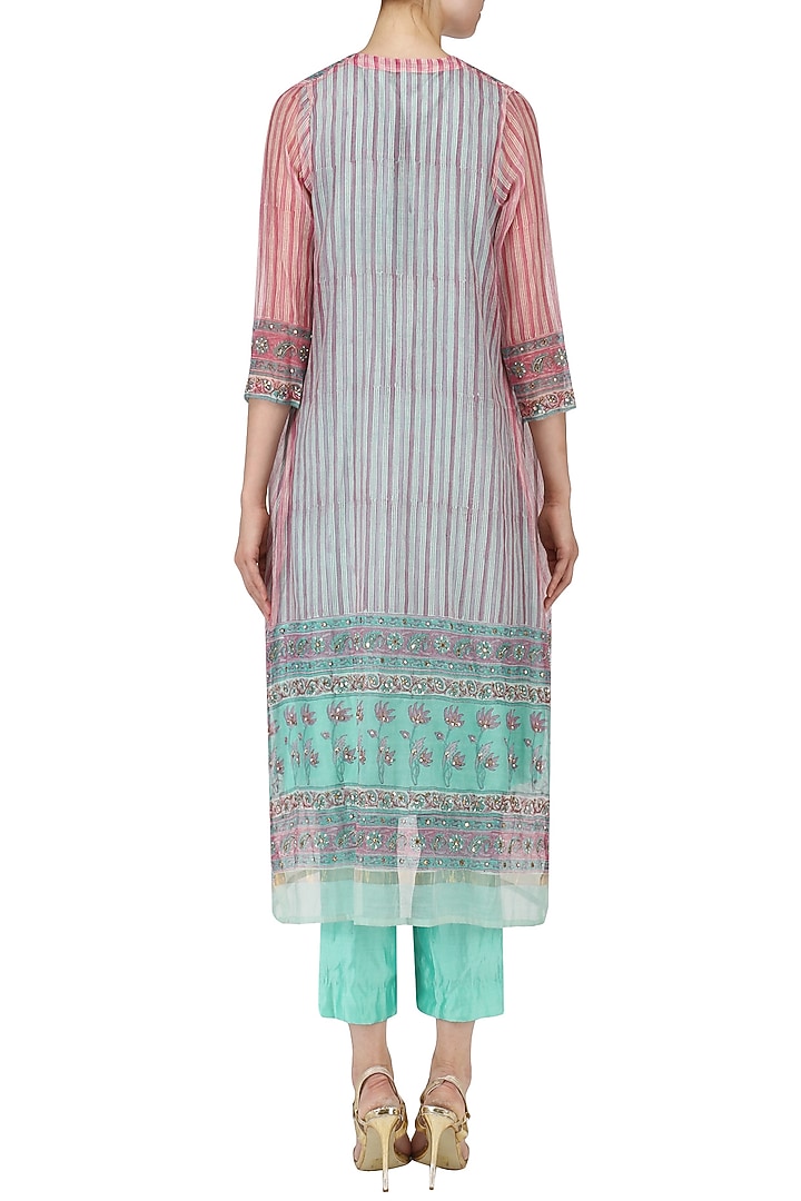 Blue embroidered kurta with straight pants and jaipuri print jacket set available only at Pernia's Pop Up Shop.