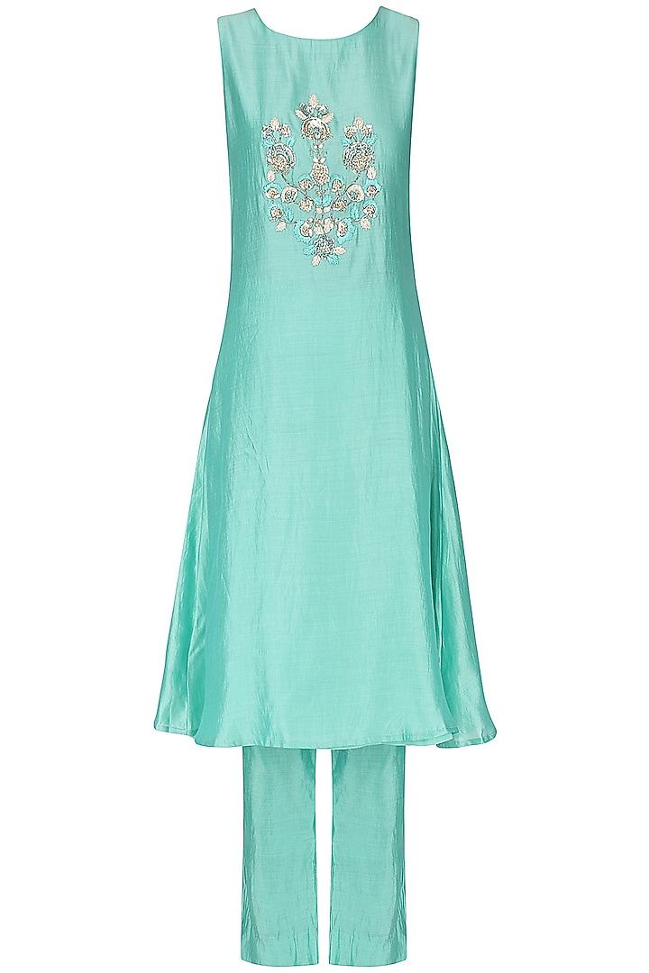 Blue embroidered kurta with straight pants and jaipuri print jacket set available only at Pernia's Pop Up Shop.