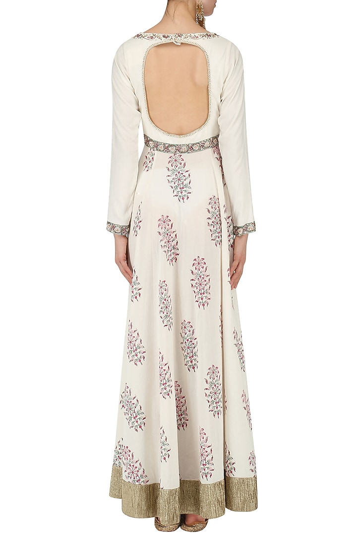 Ivory embroidered jaipuri print anarkali set available only at Pernia's Pop Up Shop.