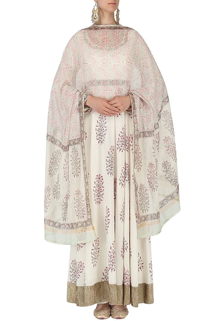 Ivory embroidered jaipuri print anarkali set available only at Pernia's Pop Up Shop.