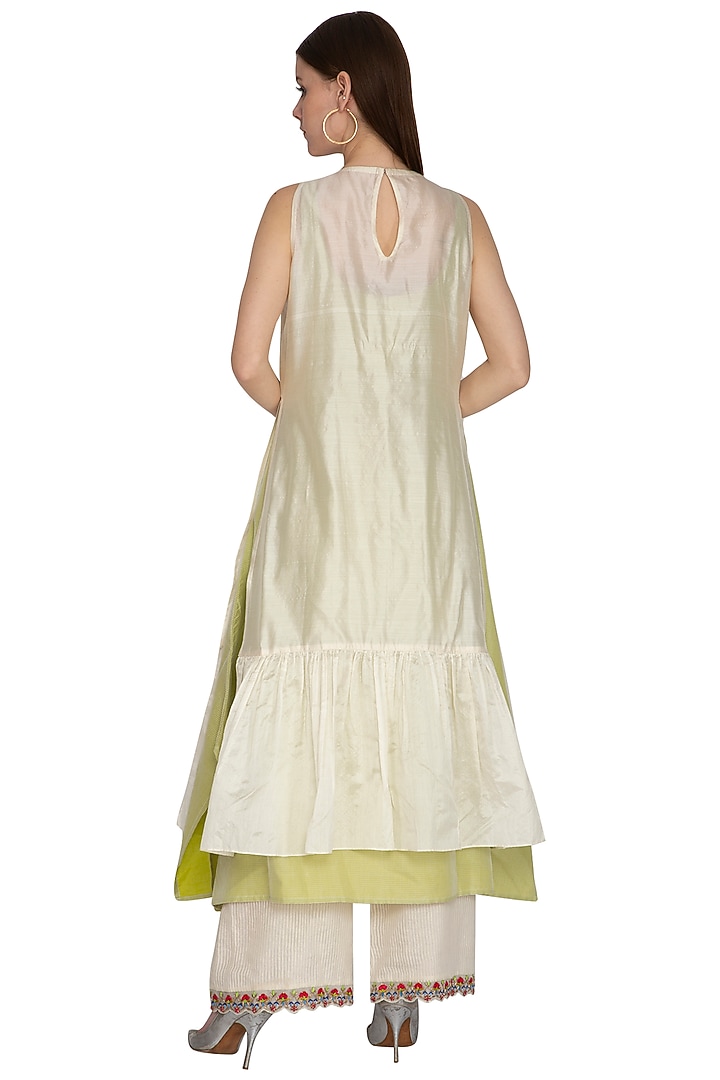 Ivory Embroidered Palazzo Pants With Green Kurta by Priyanka Jain at Pernia's Pop Up Shop
