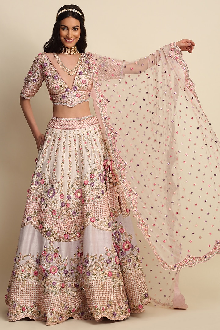 Light Rose Pink Embroidered Lehenga Set by Priyanka Jain