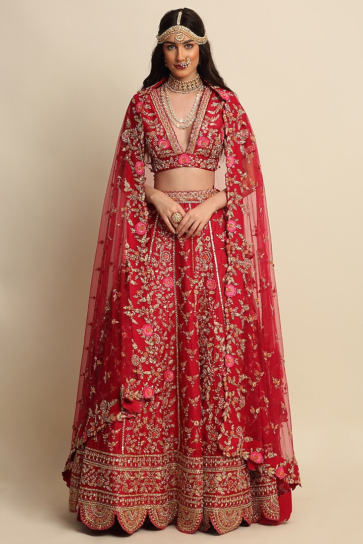 Cherry Red Hand Embroidered Bridal Bridal Lehenga Set by Priyanka Jain at Pernia's Pop Up Shop