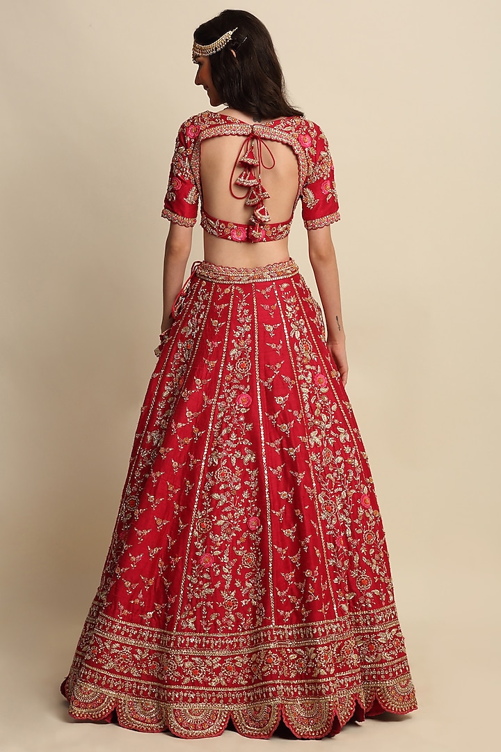 Cherry Red Hand Embroidered Bridal Bridal Lehenga Set by Priyanka Jain at Pernia's Pop Up Shop