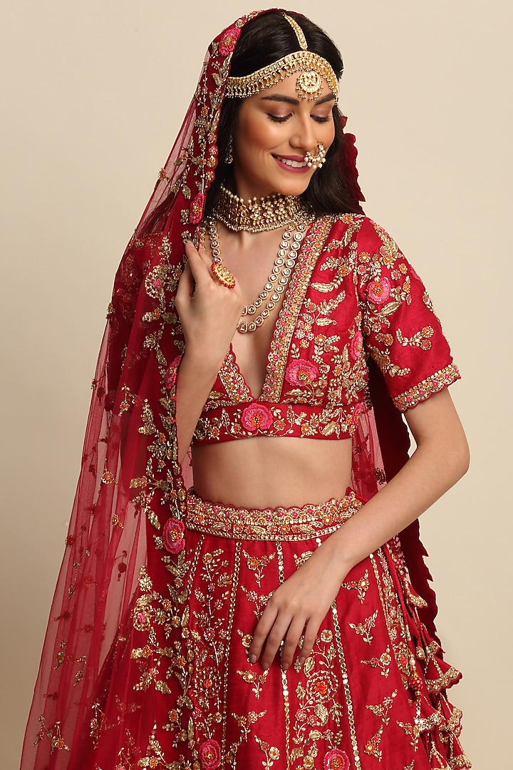 Cherry Red Hand Embroidered Bridal Bridal Lehenga Set by Priyanka Jain at Pernia's Pop Up Shop