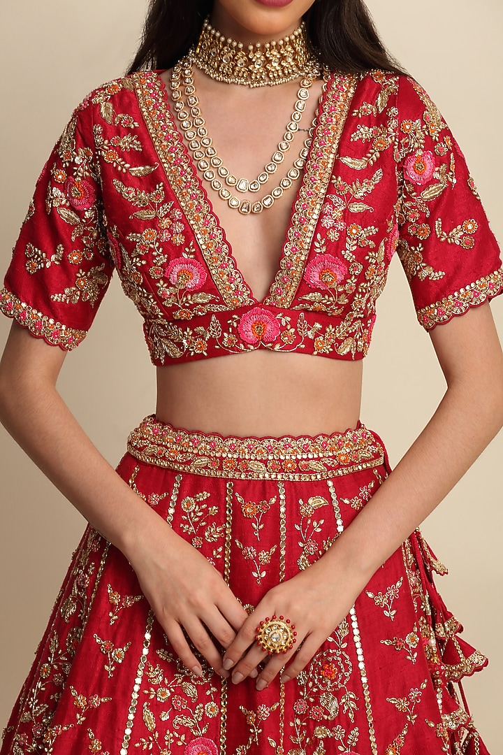 Cherry Red Hand Embroidered Bridal Bridal Lehenga Set by Priyanka Jain at Pernia's Pop Up Shop