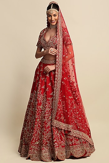 Electric Red Embroidered Bridal Lehenga Set by Priyanka Jain at Pernia's Pop Up Shop