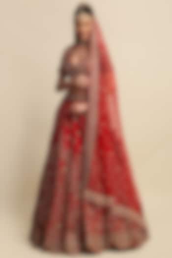 Electric Red Embroidered Lehenga Set by Priyanka Jain