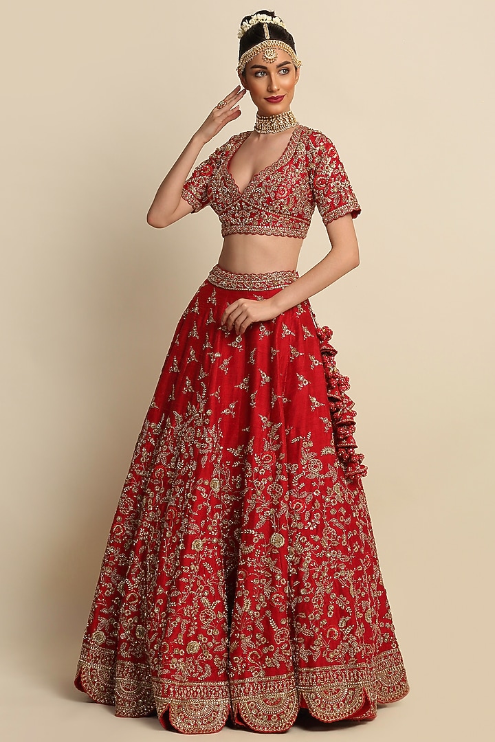 Electric Red Embroidered Bridal Lehenga Set by Priyanka Jain at Pernia's Pop Up Shop