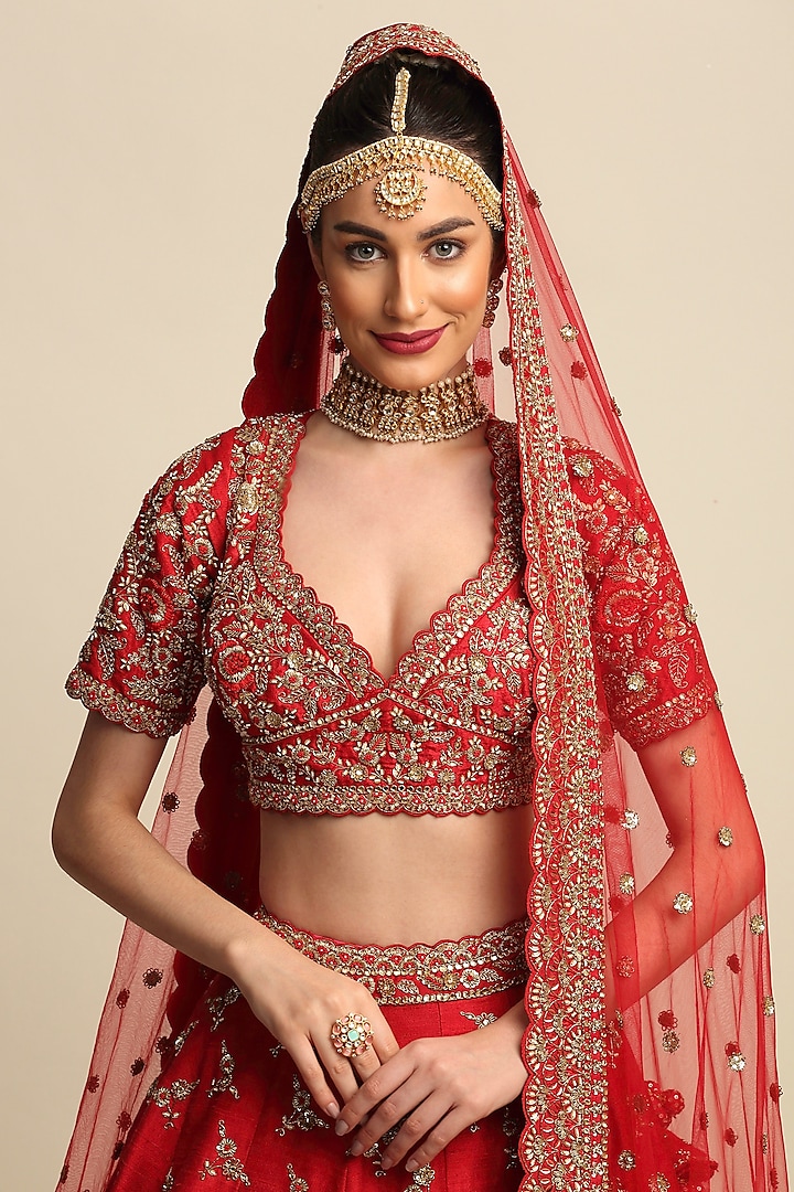 Electric Red Embroidered Bridal Lehenga Set by Priyanka Jain at Pernia's Pop Up Shop
