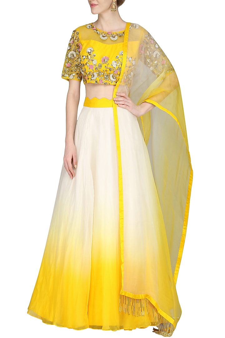 Yellow and ivory embroidered lehenga set available only at Pernia's Pop Up Shop.