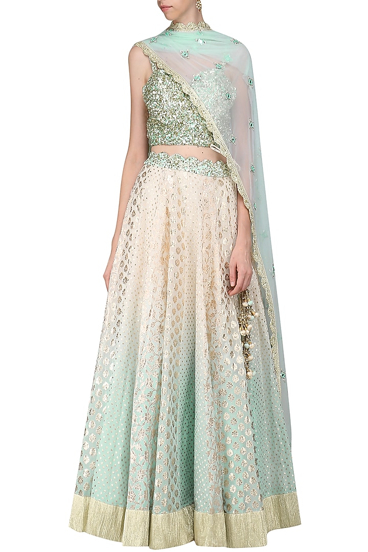 Sky blue and ivory embroidered lehenga set available only at Pernia's Pop Up Shop.