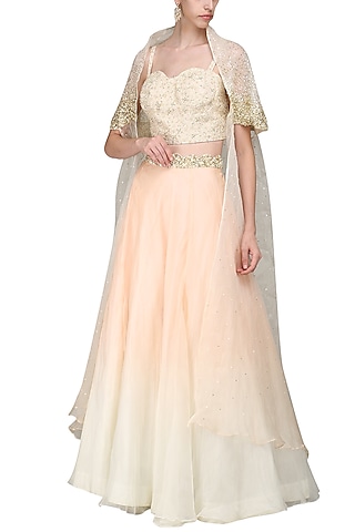 Peach and Ivory Crop Top with Skirt and Cape.
 by Priyanka Jain