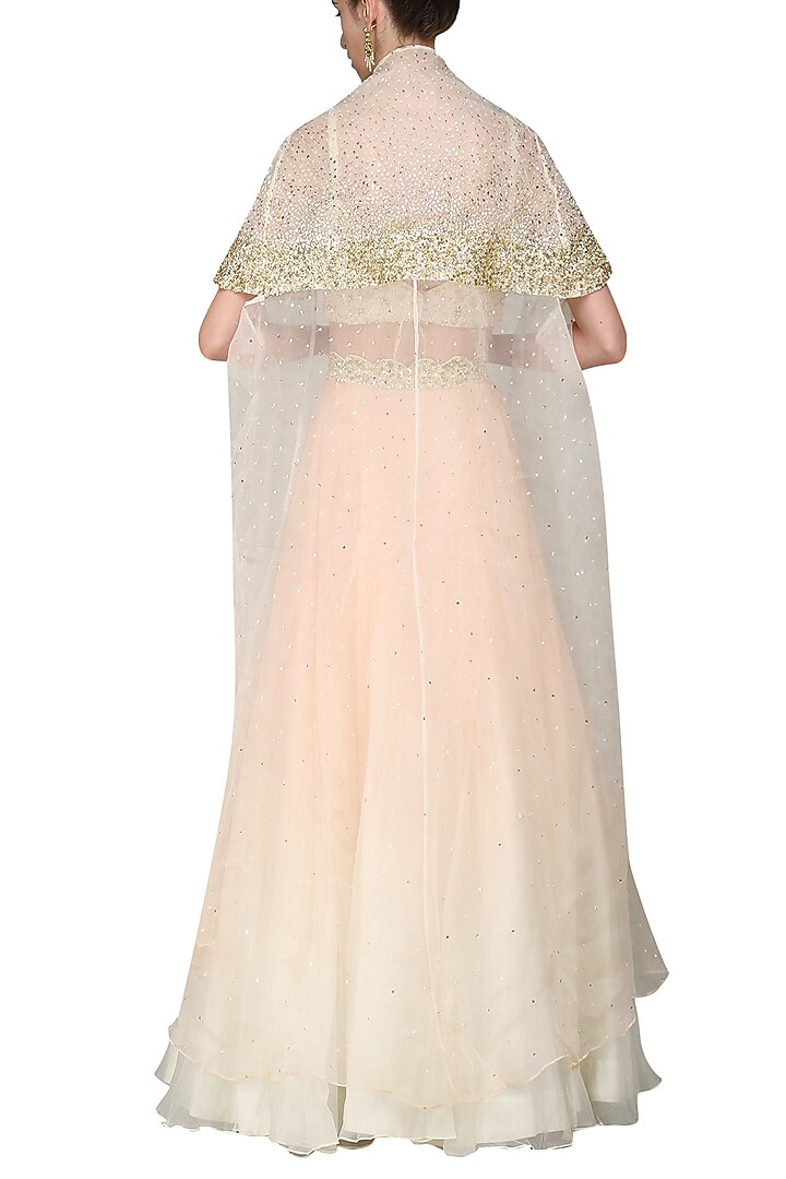 Peach and ivory crop top with skirt and cape.available only at Pernia's Pop Up Shop.