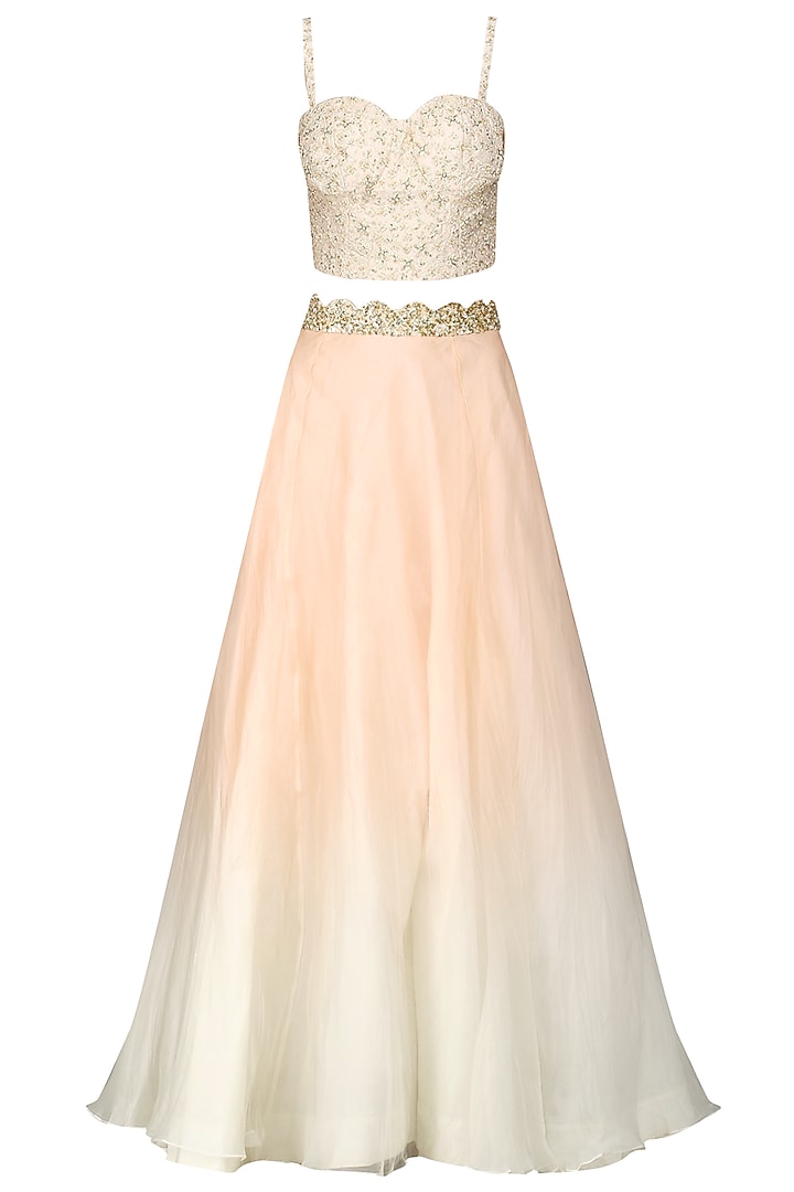 Peach and ivory crop top with skirt and cape.available only at Pernia's Pop Up Shop.