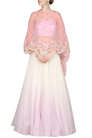 Lilac and Ivory Skirt with Crop Top and Cape by Priyanka Jain