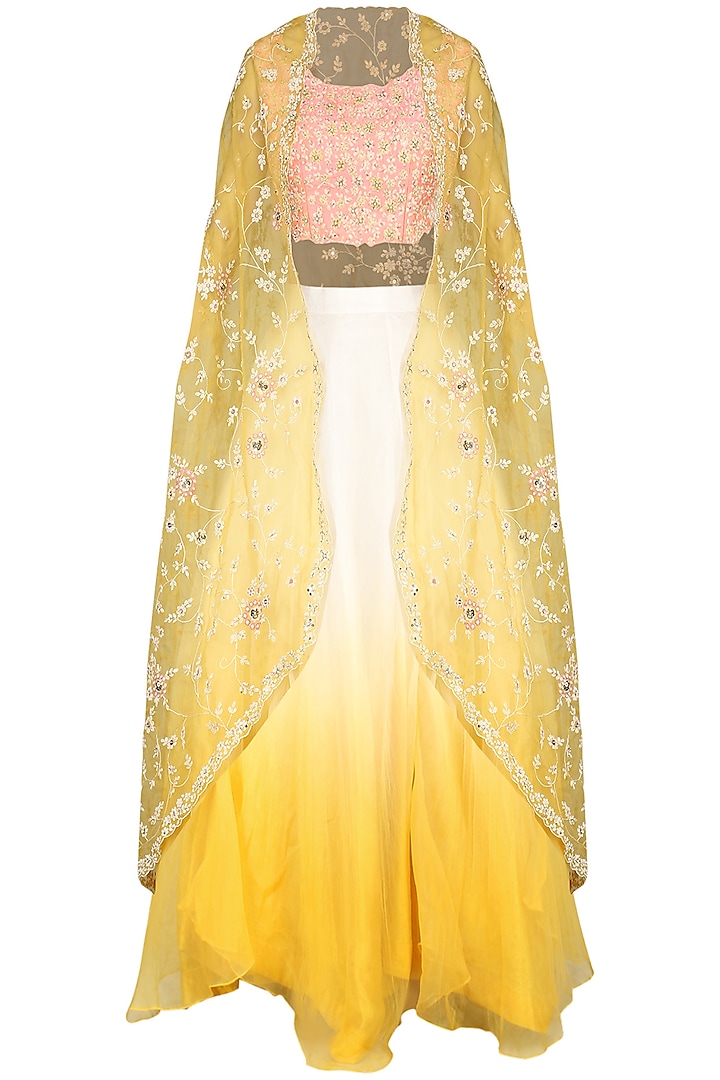 Yellow and Ivory Cape with Blouse and Skirt by Priyanka Jain