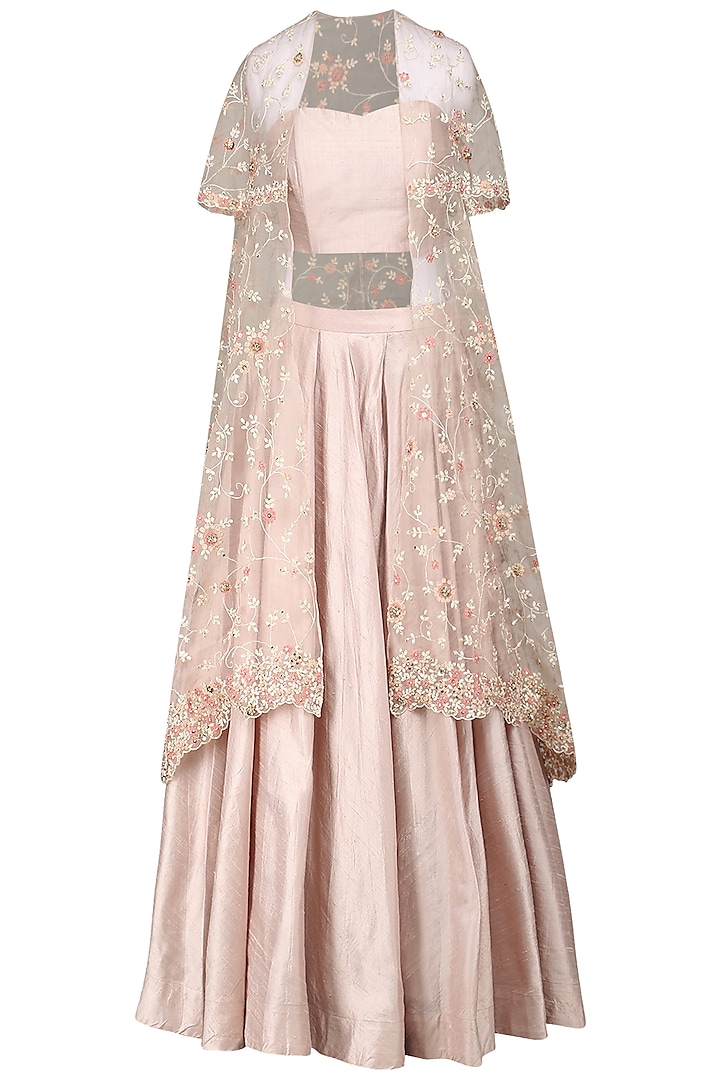 Dirty Rose Embroidered Cape with Skirt and Bustier by Priyanka Jain