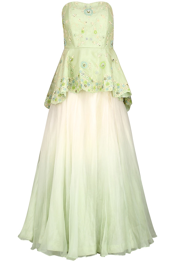Mint Green Embroidered Jacket with Skirt and Stole by Priyanka Jain