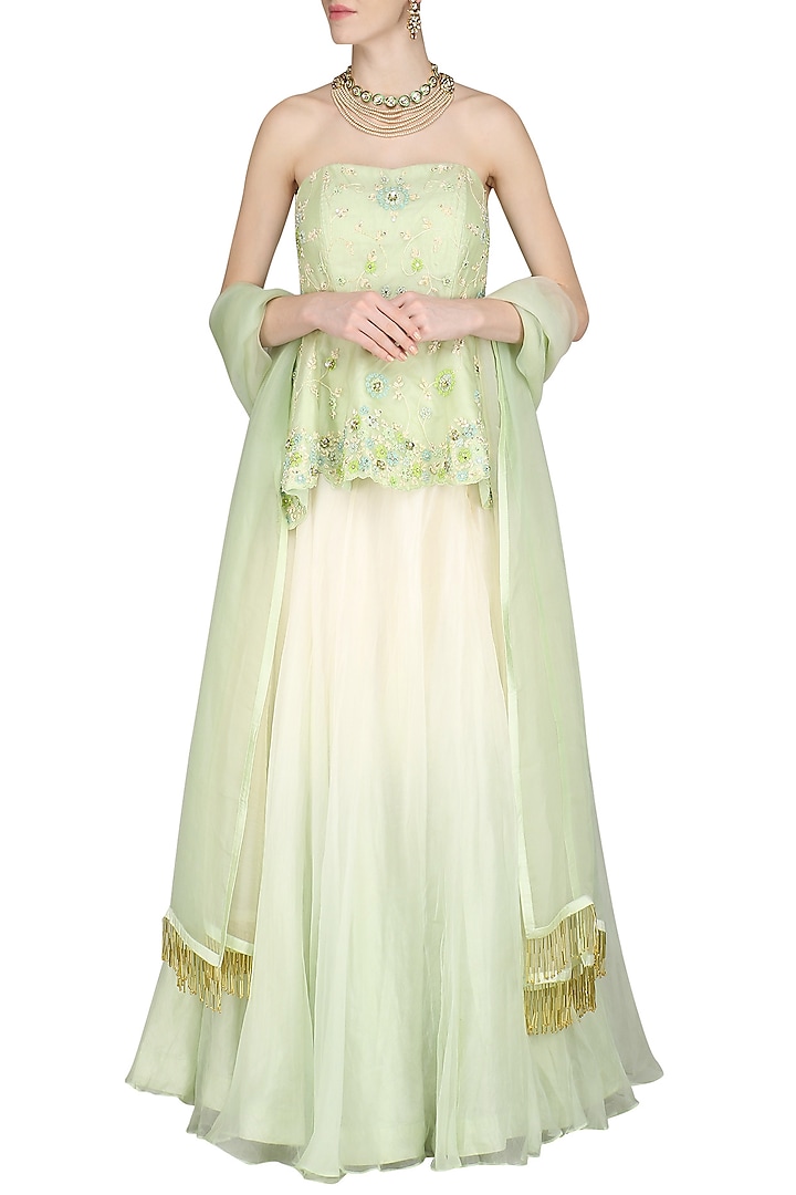 Mint green embroidered jacket with skirt and stole available only at Pernia's Pop Up Shop.