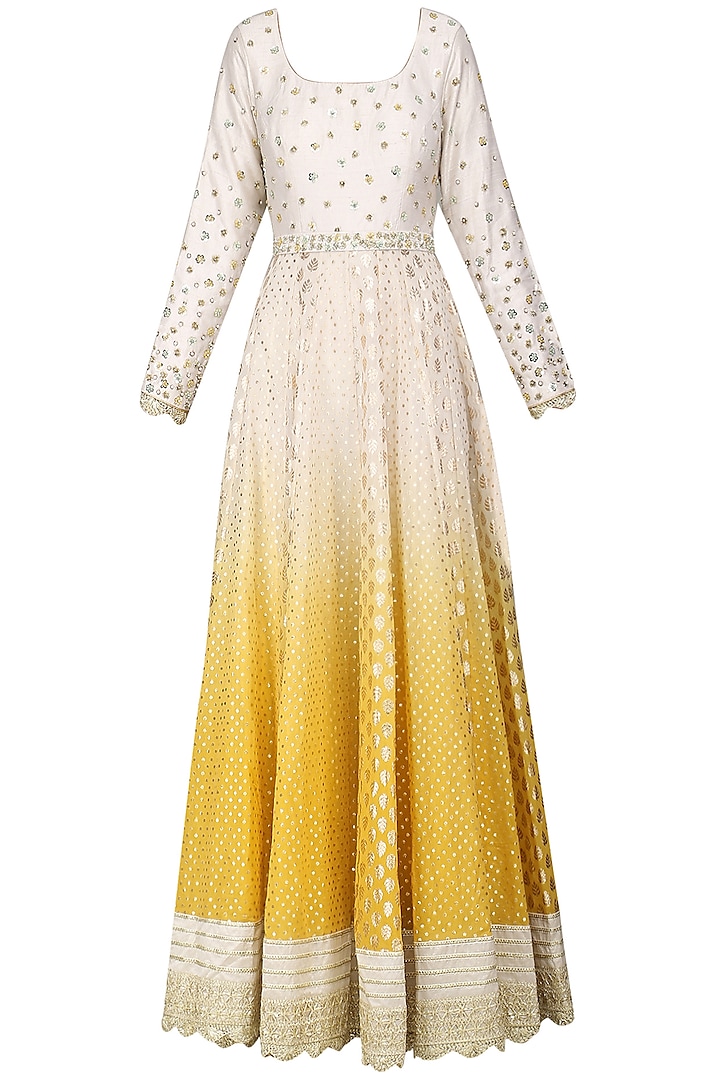 Yellow and Ivory Embroidered Anarkali Gown by Priyanka Jain