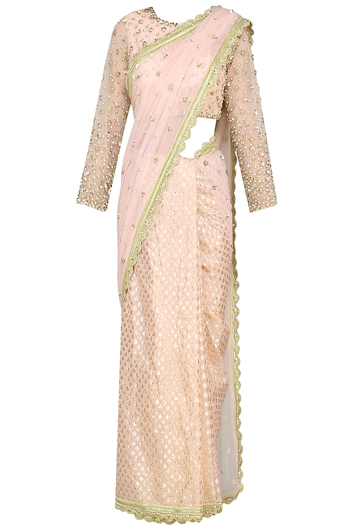 Peach Net Sequin Embroidered Saree Set by Priyanka Jain