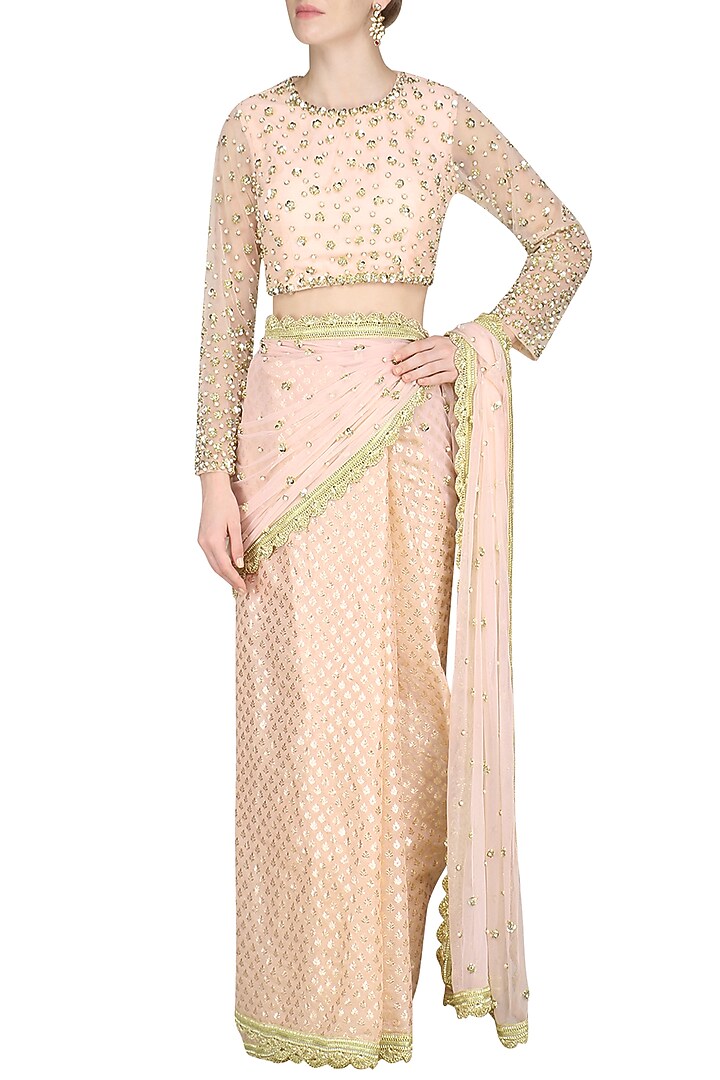 Peach sequin embroidered saree available only at Pernia's Pop Up Shop.