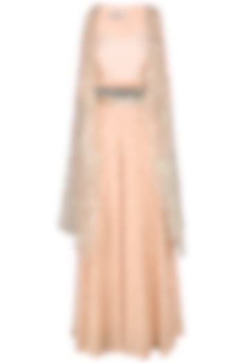 Peach Sequin Embroidered Cape with Palazzo Pants and Bustier by Priyanka Jain