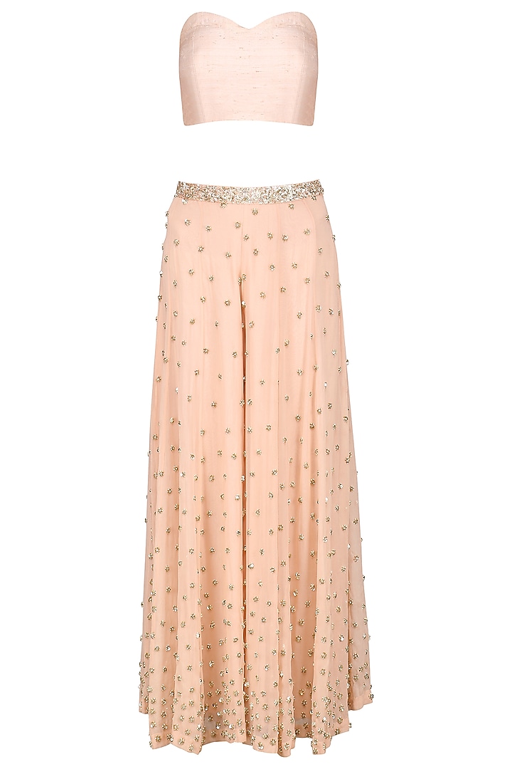 Peach sequin embroidered cape with palazzo pants and bustier available only at Pernia's Pop Up Shop.
