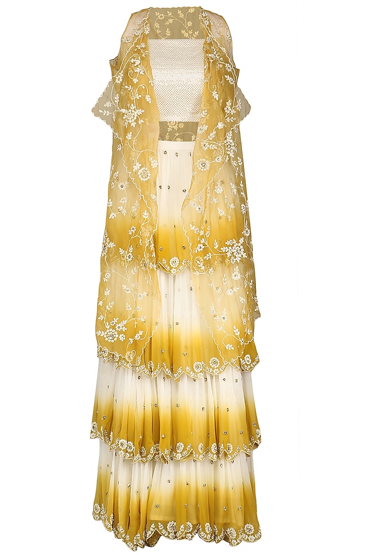Mustard Yellow Ombre Skirt with Cape and Bustier by Priyanka Jain