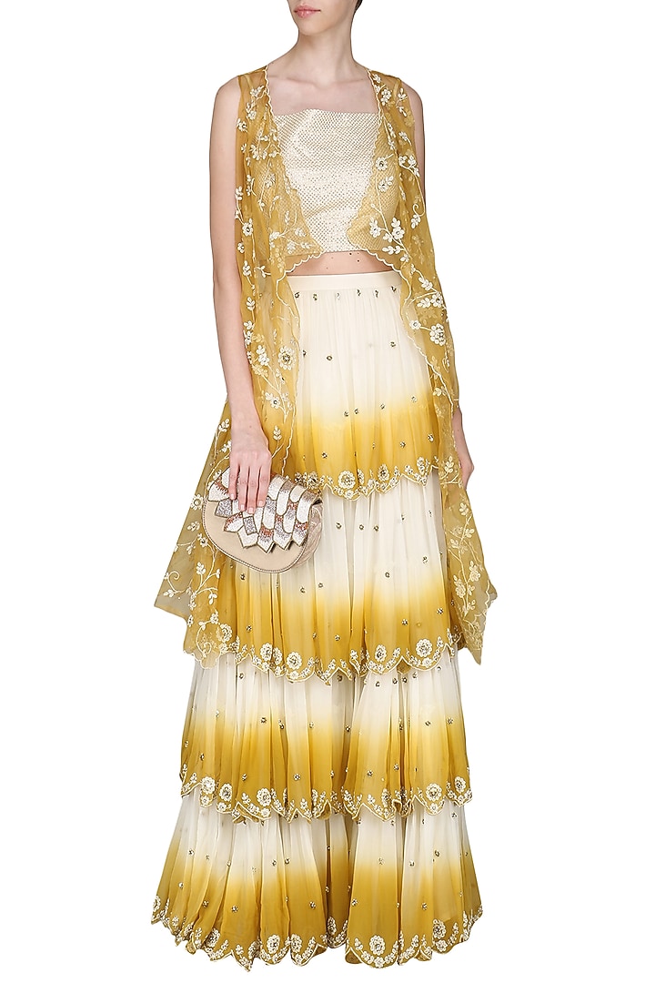 Mustard yellow ombre skirt with cape and bustier available only at Pernia's Pop Up Shop.