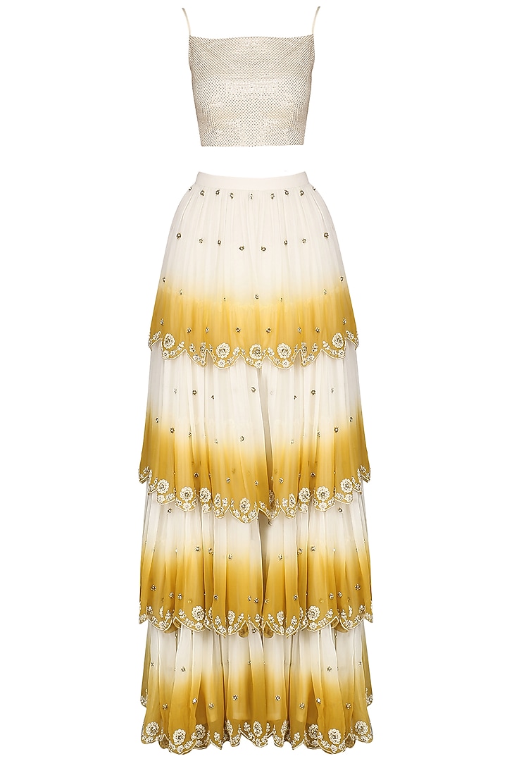 Mustard yellow ombre skirt with cape and bustier available only at Pernia's Pop Up Shop.
