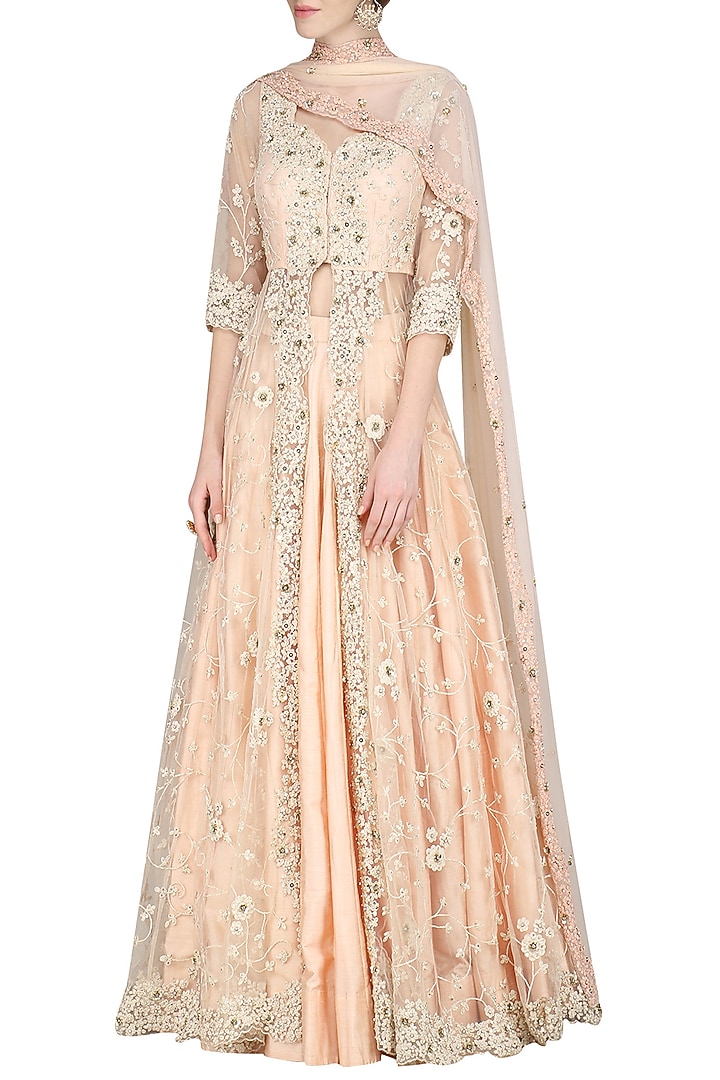 Peach pink jacket with skirt and dupatta available only at Pernia's Pop Up Shop.