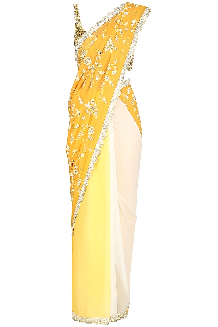 Yellow Ombre Dupion Embroidered Saree Set by Priyanka Jain