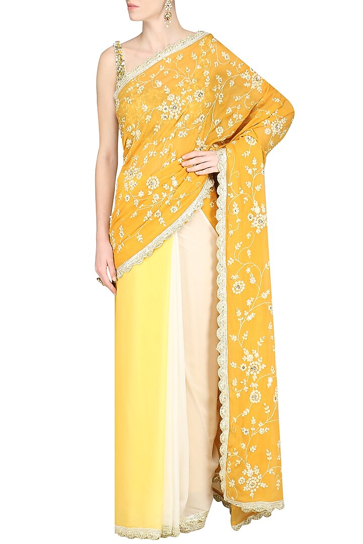 Yellow ombre embroidered saree available only at Pernia's Pop Up Shop.