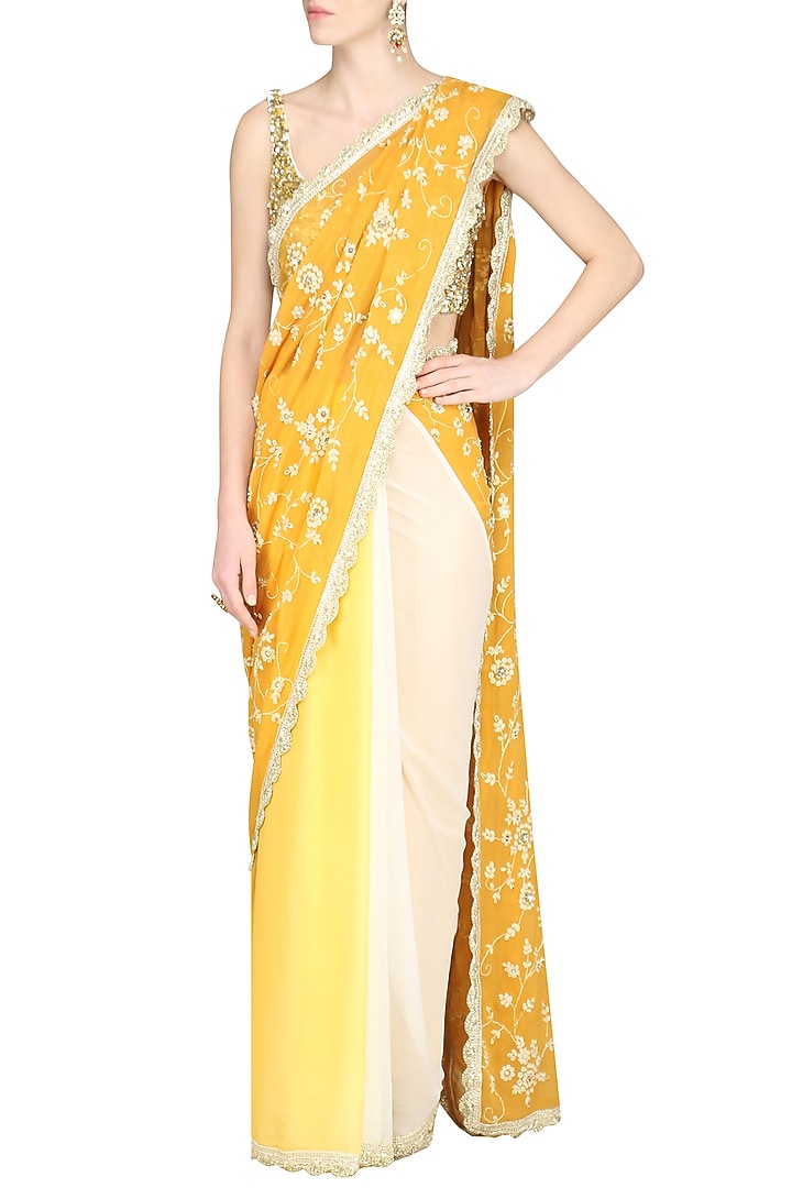 Yellow ombre embroidered saree available only at Pernia's Pop Up Shop.