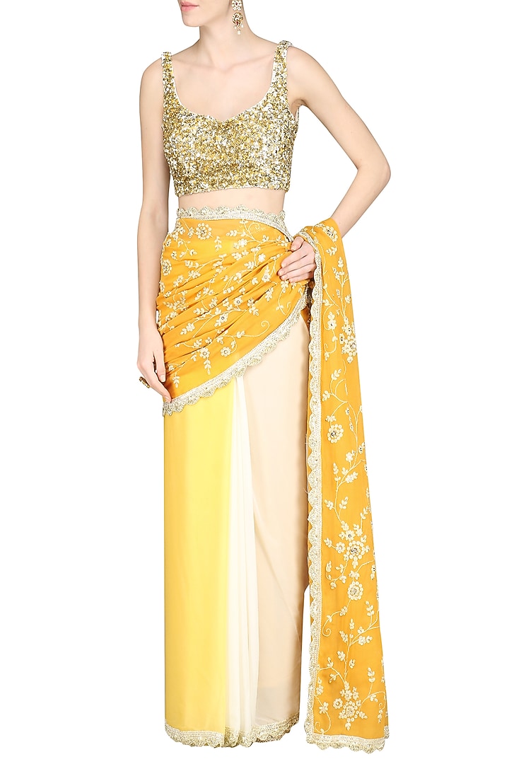 Yellow ombre embroidered saree available only at Pernia's Pop Up Shop.
