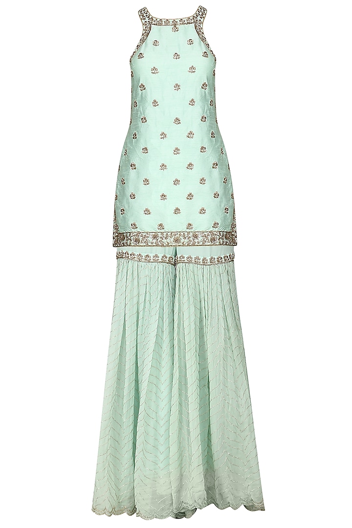 Mint blue embroidered sharara set available only at Pernia's Pop Up Shop.