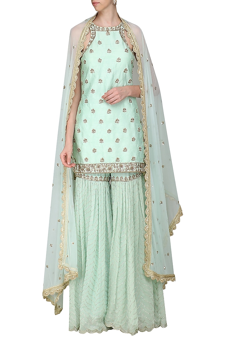 Mint blue embroidered sharara set available only at Pernia's Pop Up Shop.