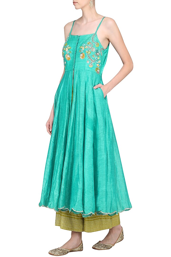 Turquoise blue embroidered kurta with green palazzo pants available only at Pernia's Pop Up Shop.