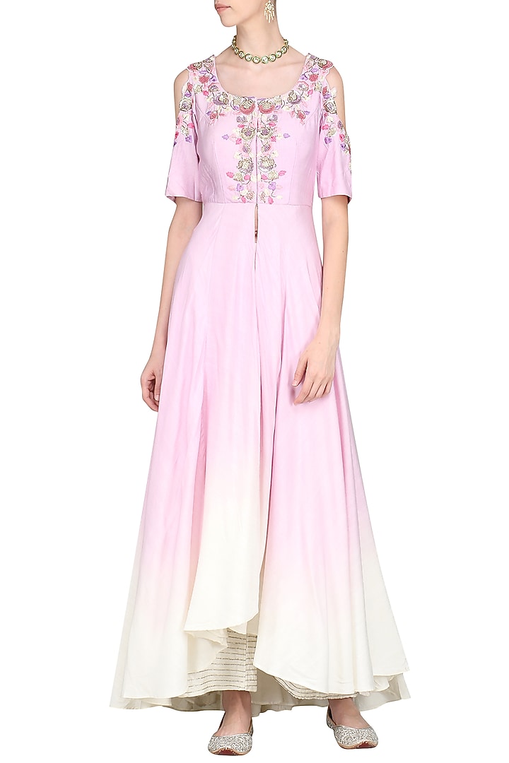Lilac and ivory front open embroidered kurta with palazzo pants available only at Pernia's Pop Up Shop.