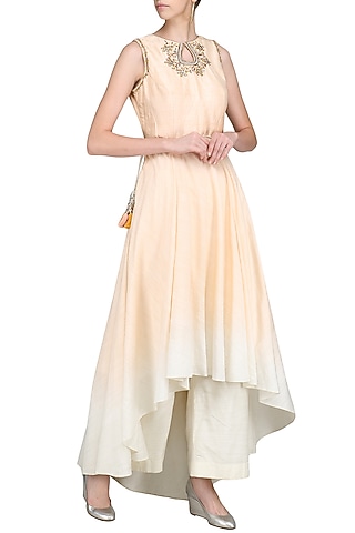 Peach and Ivory Ombre Embroidered Kurta with Palazzo Pants by Priyanka Jain